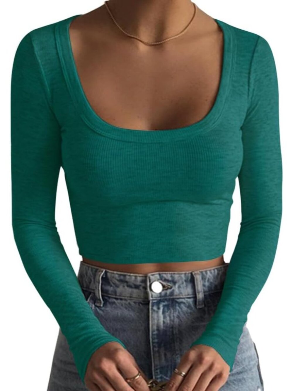 Women's Square Neck Long Sleeve Ribbed Slim Fitted Casual Basic Crop Top